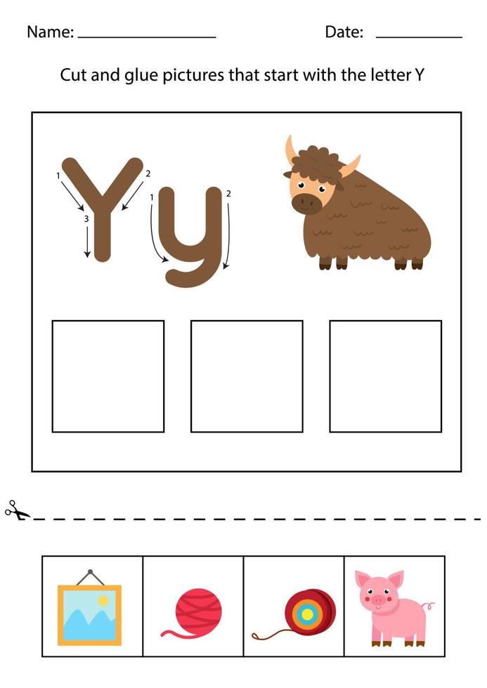 Letter recognition for kids. Cut and glue. Letter Y. vector