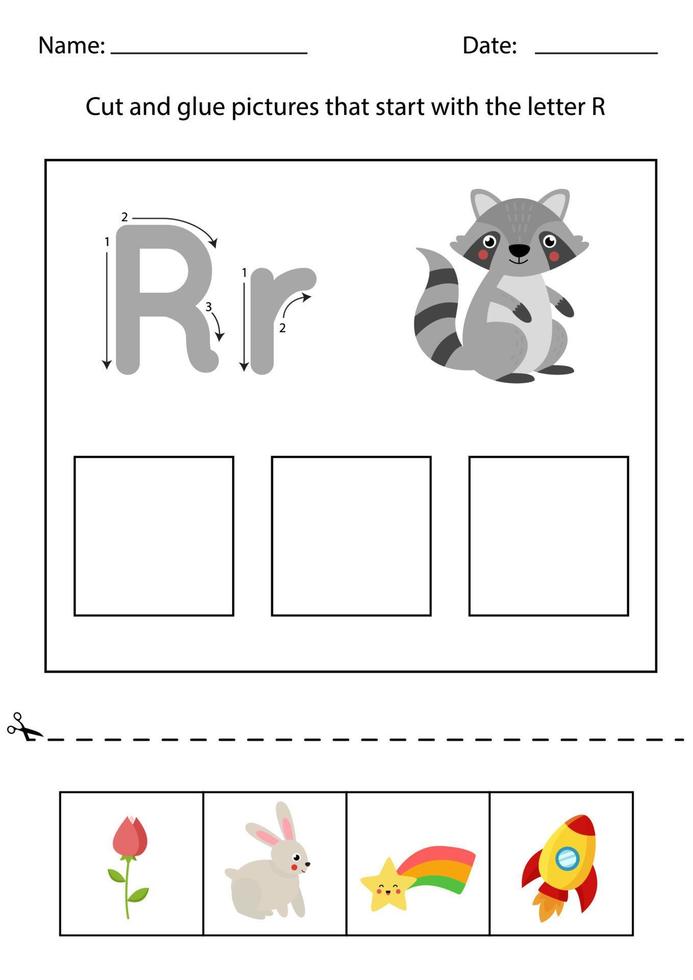 Letter recognition for kids. Cut and glue. Letter R. vector