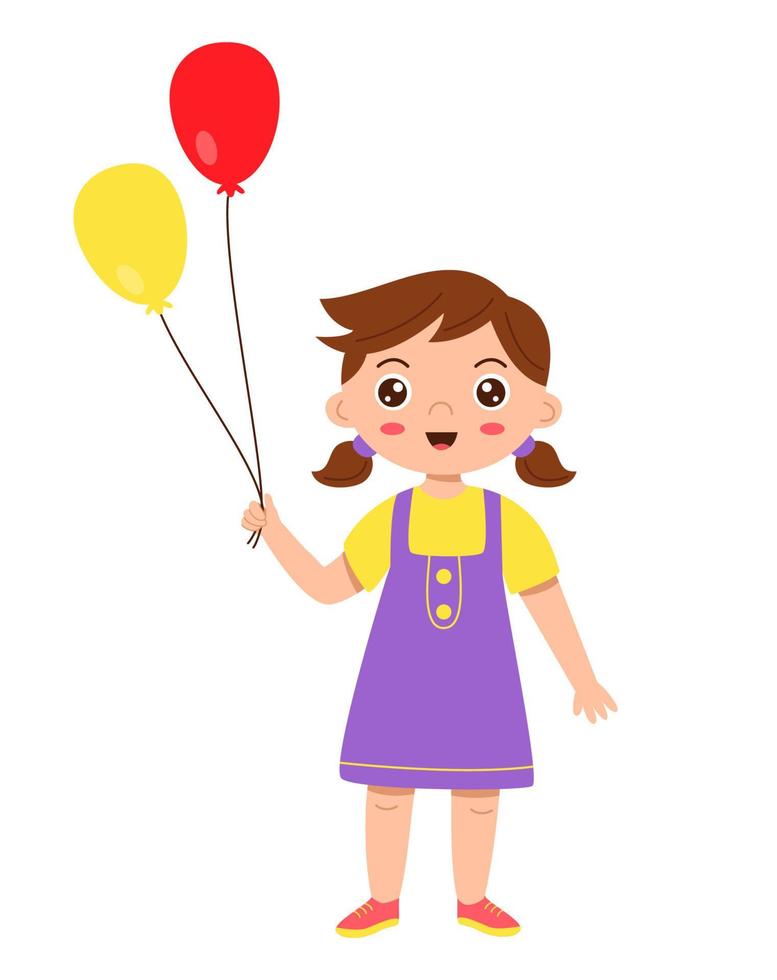 Vector illustration of cute cartoon girl standing with colorful balloons.