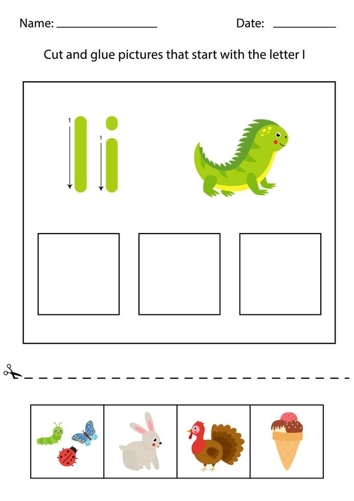 Letter recognition for kids. Cut and glue. Letter I. vector