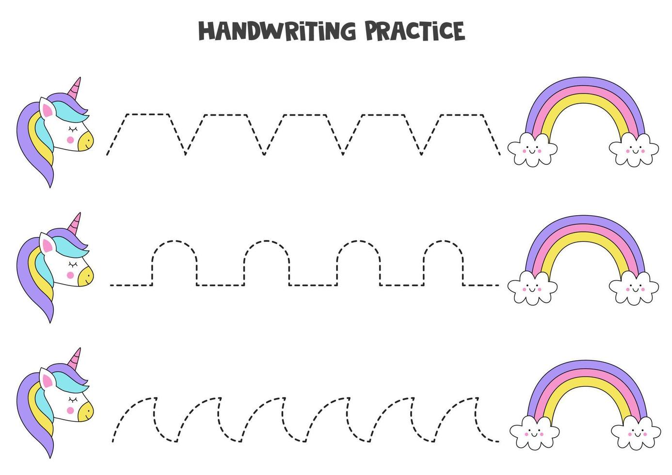 Tracing lines with unicorn and rainbow. Writing practice. vector