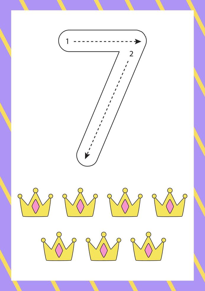 Cute flashcard how to write number seven. Worksheet for kids. vector