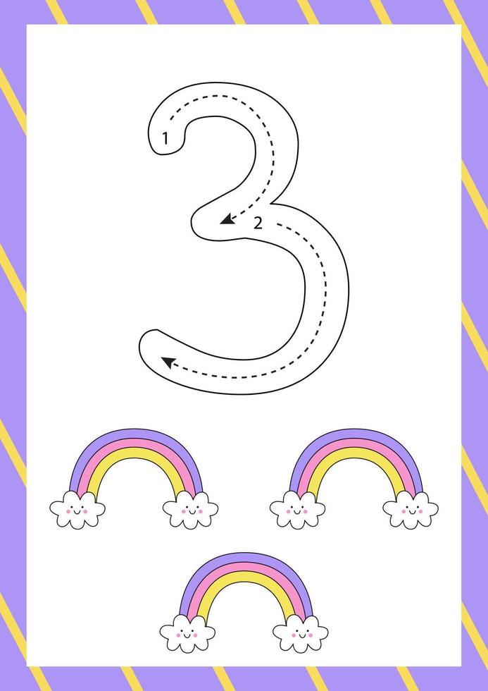 Cute flashcard how to write number three. Worksheet for kids. vector