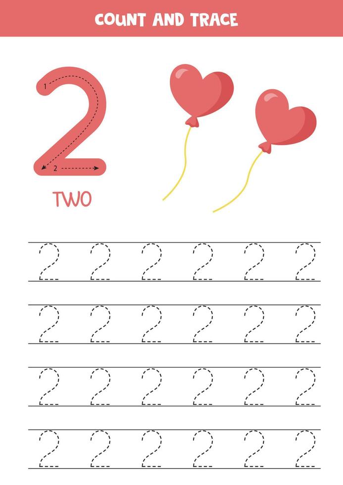 Tracing number two. Preschool worksheet with cute pink balloons. vector
