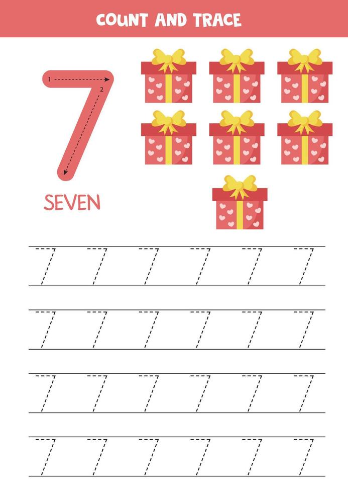 Tracing number seven. Preschool worksheet with present boxes. vector