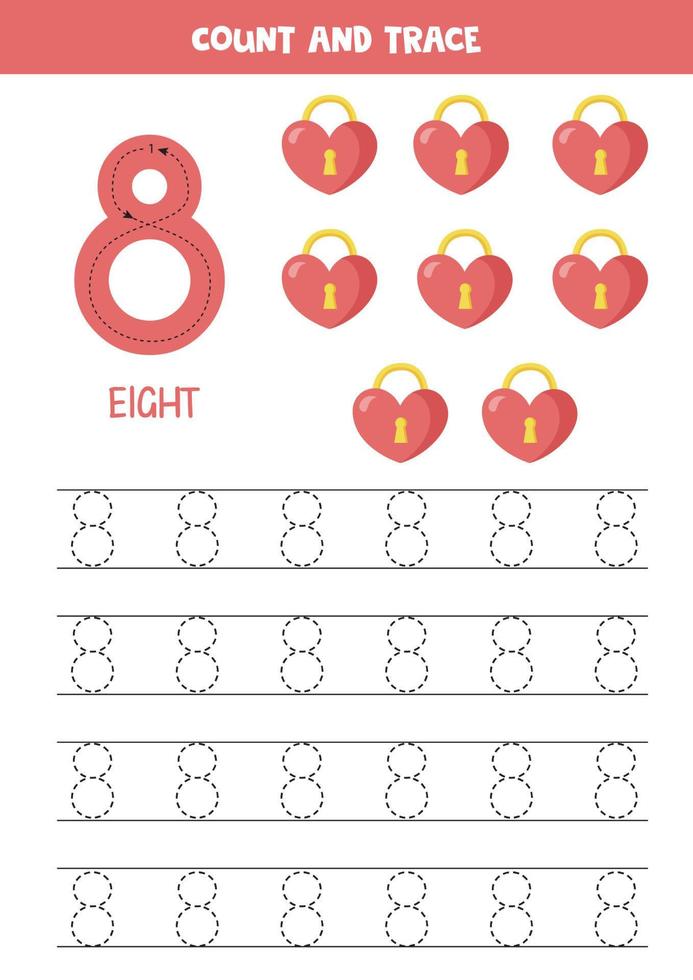 Tracing number eight. Preschool worksheet with heart locks. vector