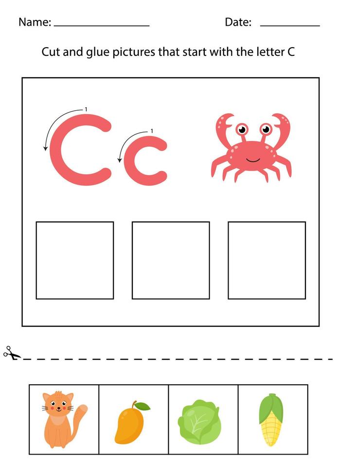 Letter recognition for kids. Cut and glue. Letter C. vector