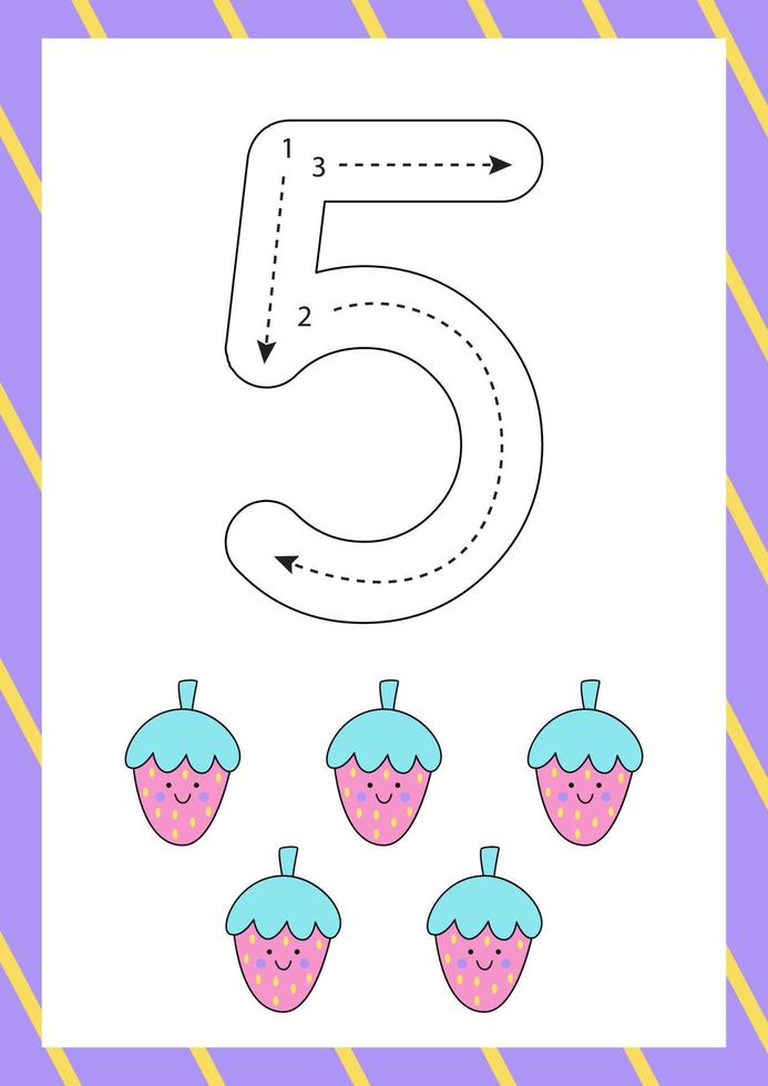 Cute flashcard how to write number five. Worksheet for kids. vector