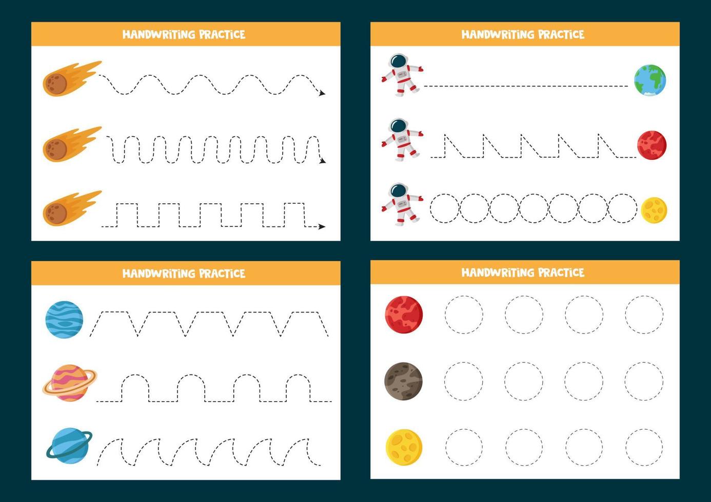 Set of tracing lines worksheets with space pictures. Writing practice. vector