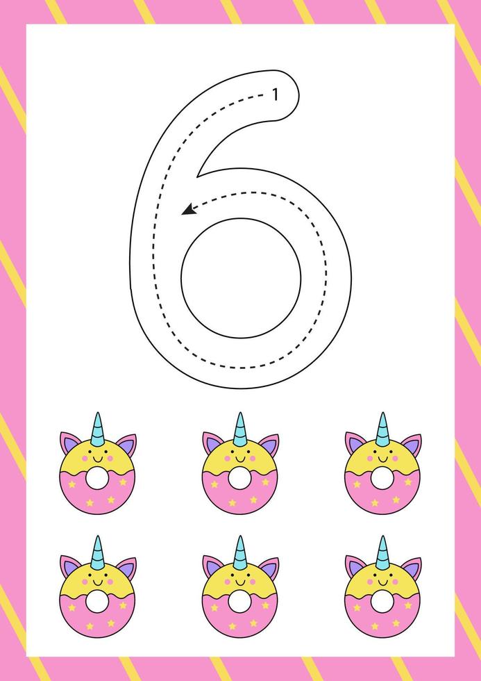 Cute flashcard how to write number six. Worksheet for kids. vector