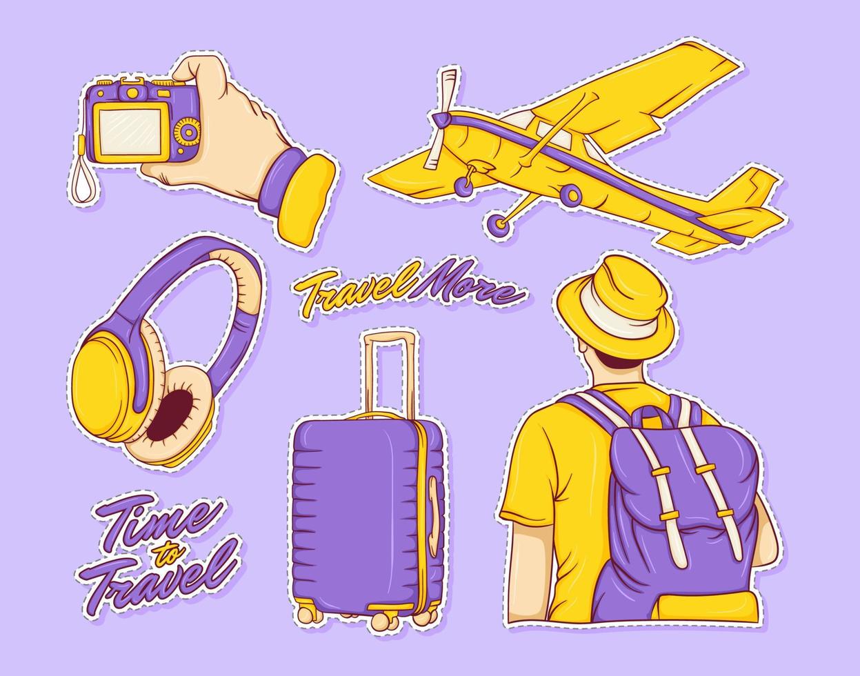 Colorful hand drawn time to travel with airplane stickers collection vector