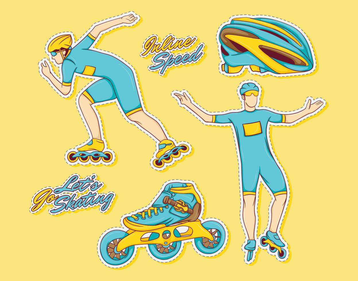 Colorful hand drawn inline speed skating with roller skate stickers collection vector