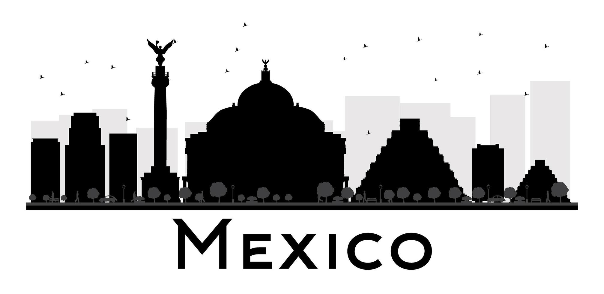 Mexico City skyline black and white silhouette. vector