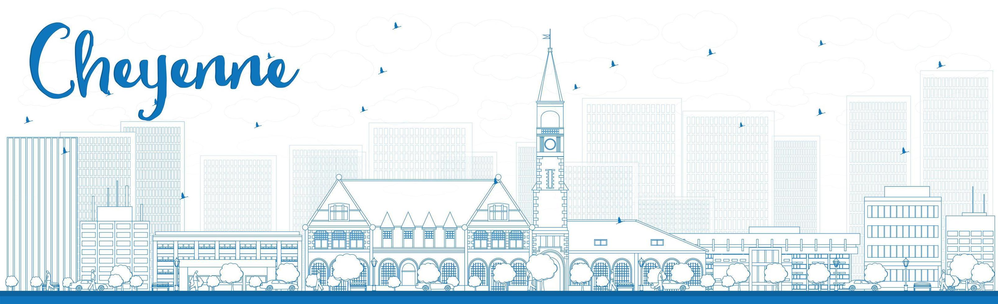 Outline Cheyenne Wyoming Skyline with Blue Buildings. vector