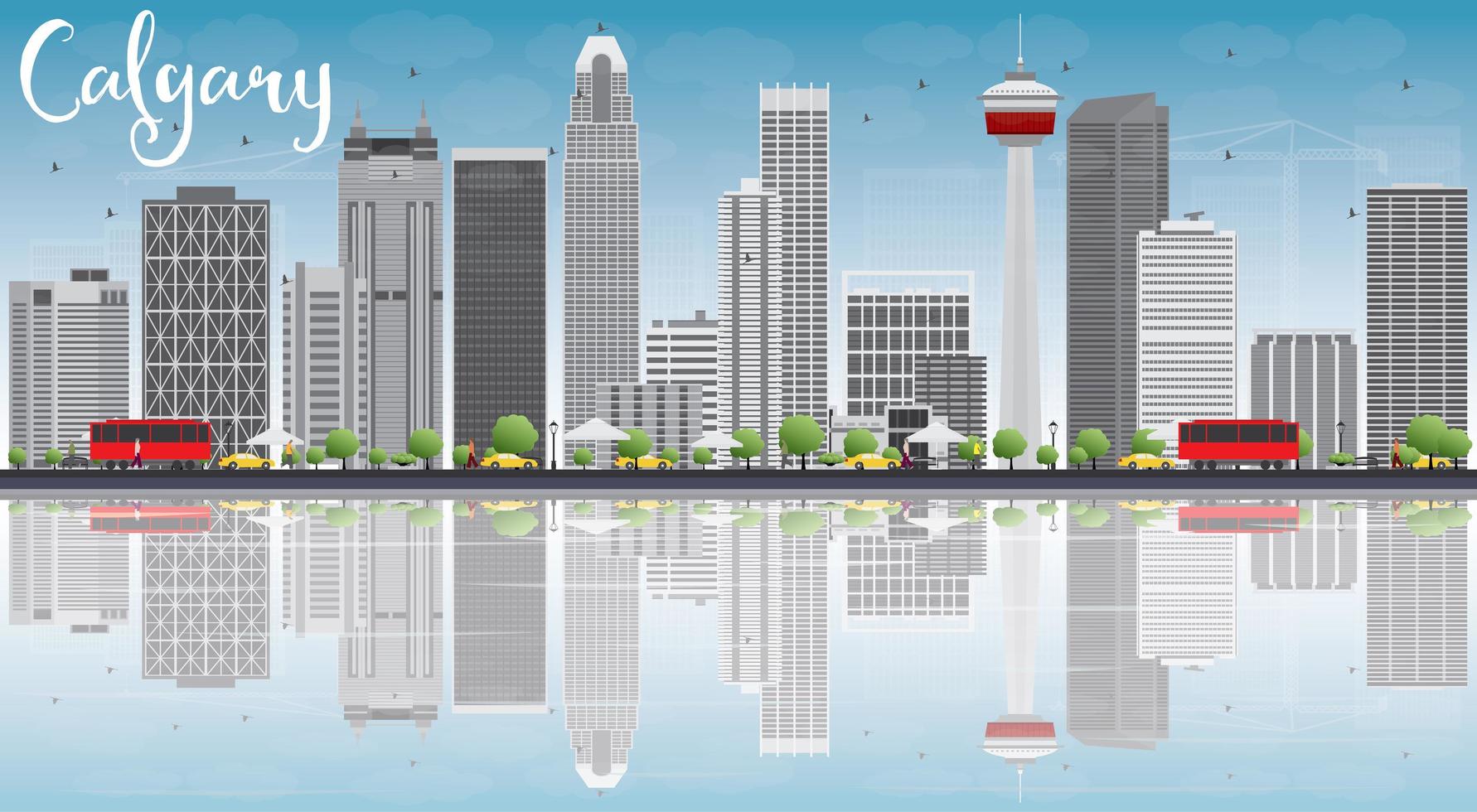 Calgary Skyline with Gray Buildings, Blue Sky and Reflections. vector