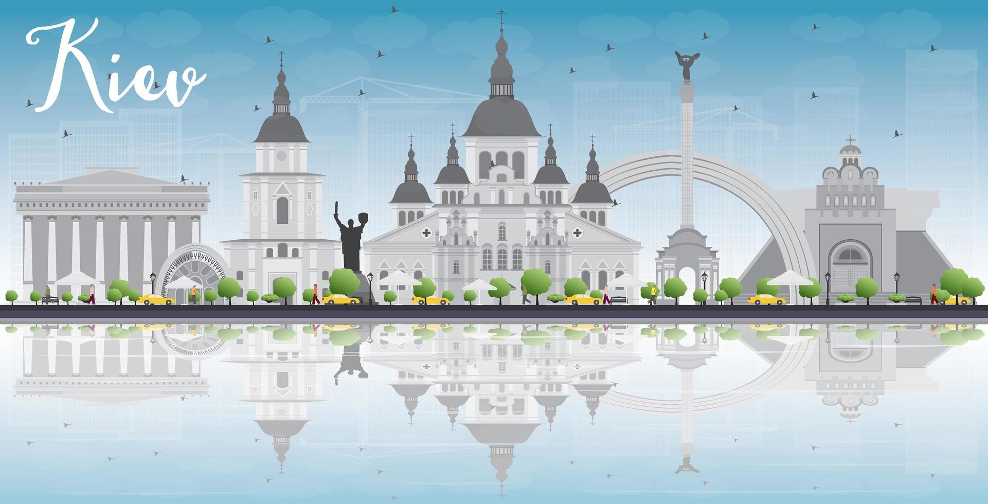 Kiev skyline with grey landmarks, blue sky and reflections. vector