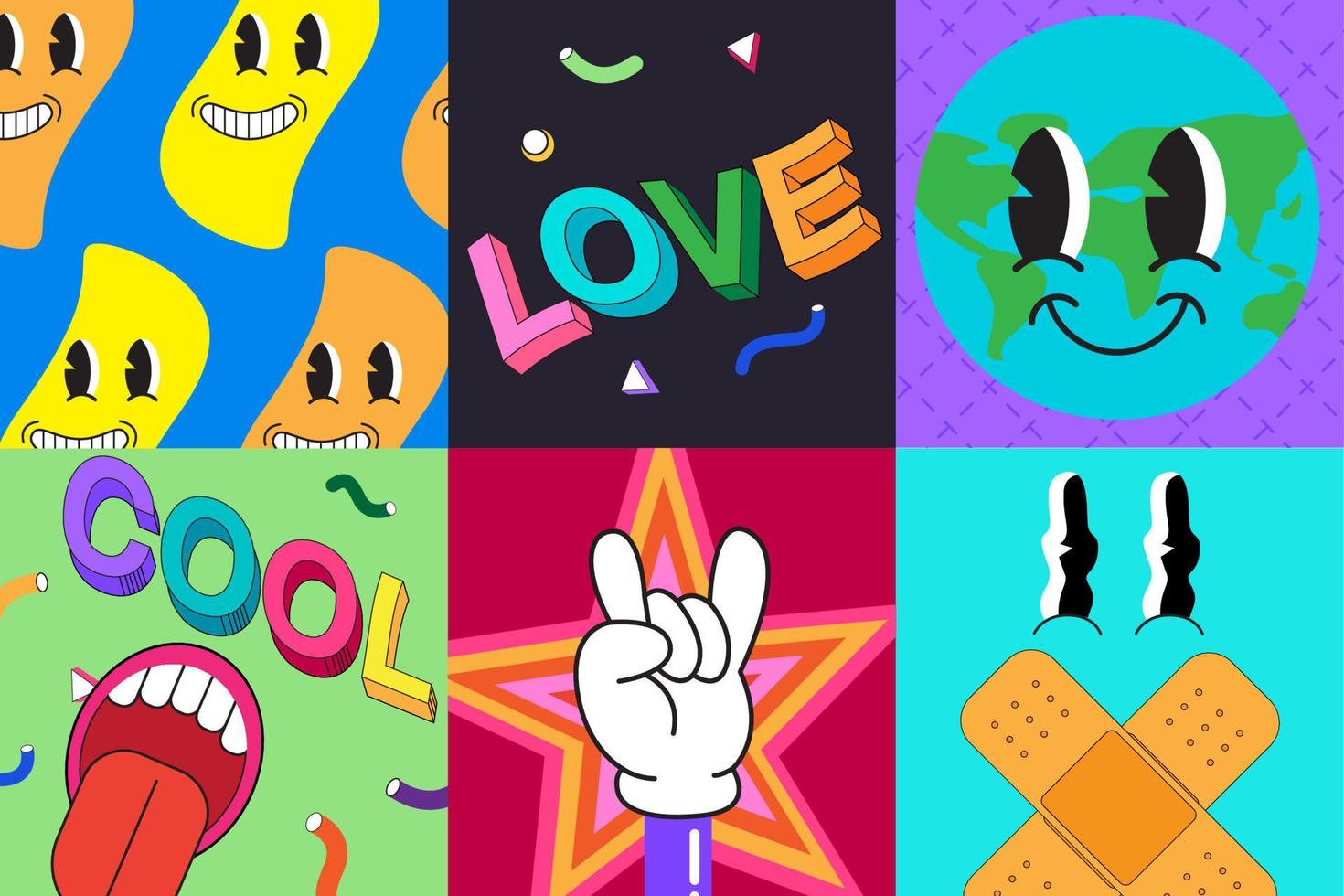 Hand drawn flat trendy cartoon set, Old school, cartoonish look, character, animation vector