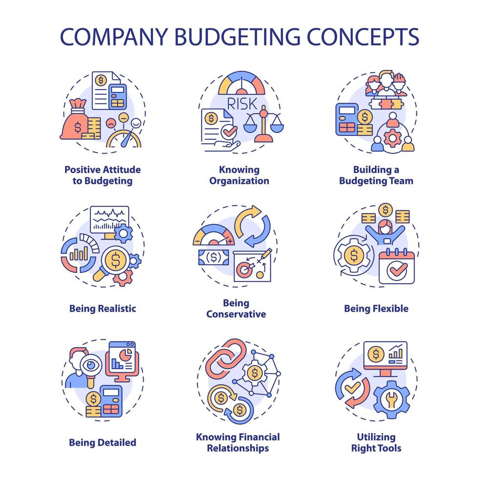 Company budgeting concept icons set. Financial plan for business idea thin line color illustrations. Isolated outline drawings. Editable stroke. Roboto-Medium, Myriad Pro-Bold fonts used vector