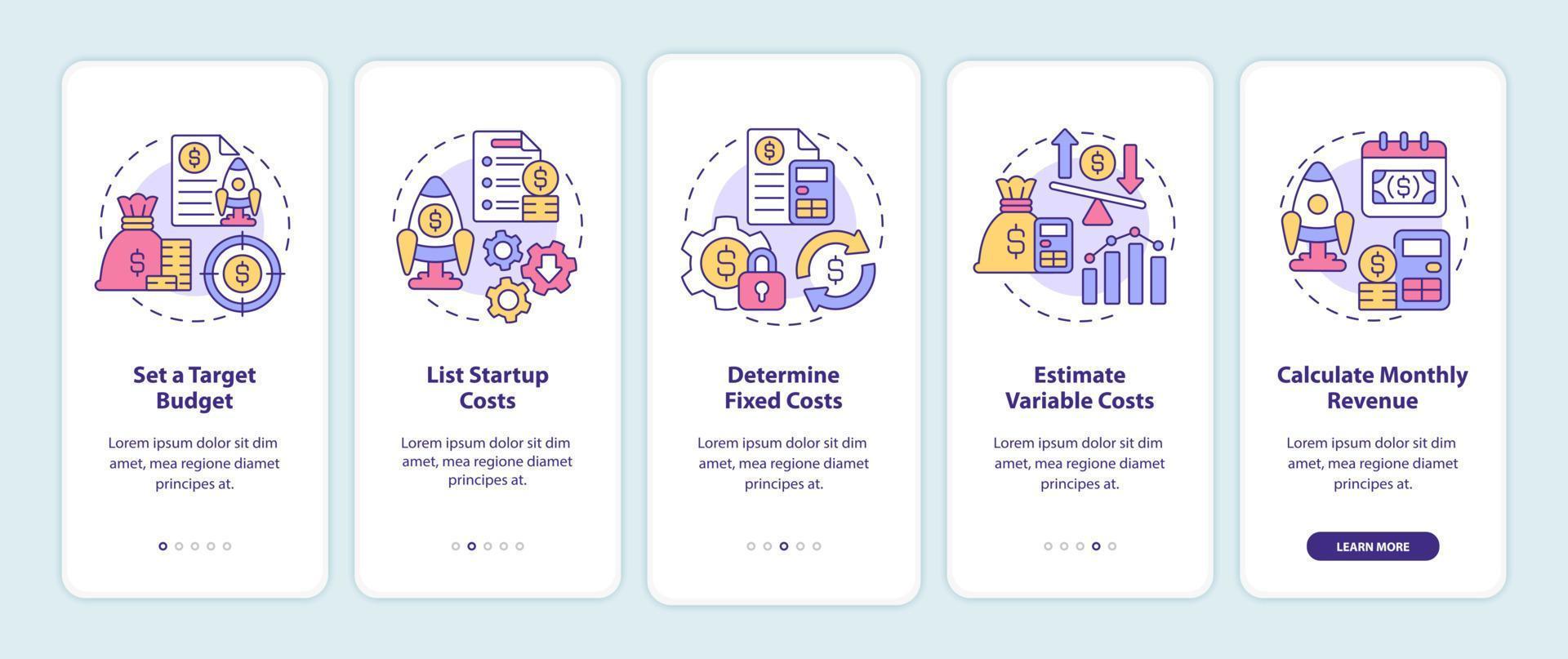 Startup budgeting onboarding mobile app screen. Finance projection walkthrough 5 steps graphic instructions pages with linear concepts. UI, UX, GUI template. Myriad Pro-Bold, Regular fonts used vector