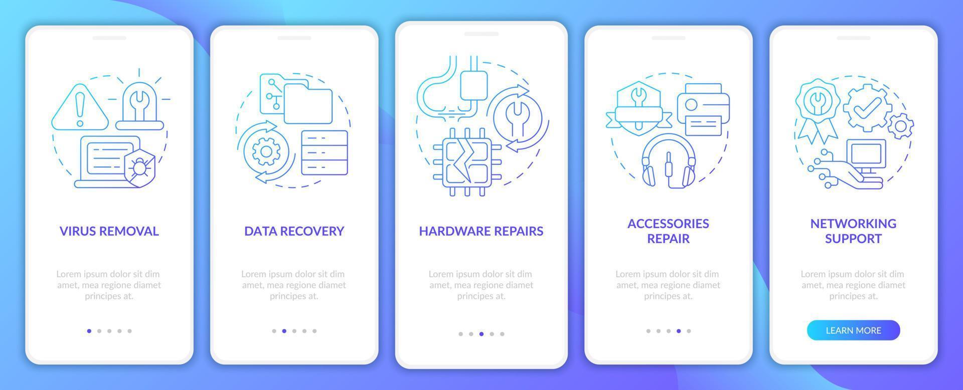 Types of repairs blue gradient onboarding mobile app screen. Walkthrough 5 steps graphic instructions pages with linear concepts. UI, UX, GUI template. Myriad Pro-Bold, Regular fonts used vector