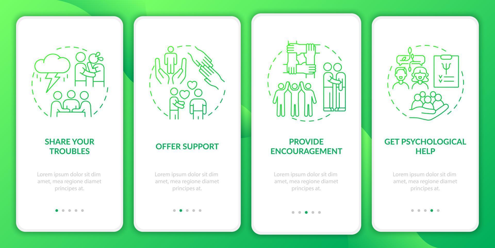 Therapeutic activities green gradient onboarding mobile app screen. Walkthrough 4 steps graphic instructions pages with linear concepts. UI, UX, GUI template. Myriad Pro-Bold, Regular fonts used vector