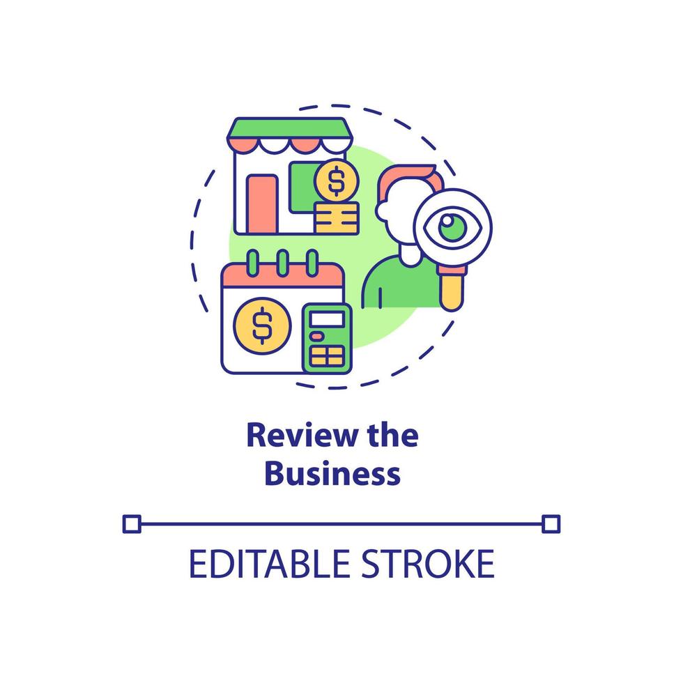 revisar el icono del concepto de negocio. análisis regulares. ilustración de línea delgada de idea abstracta de presupuesto de pequeñas empresas. dibujo de contorno aislado. trazo editable. roboto-medium, innumerables fuentes pro-bold utilizadas vector