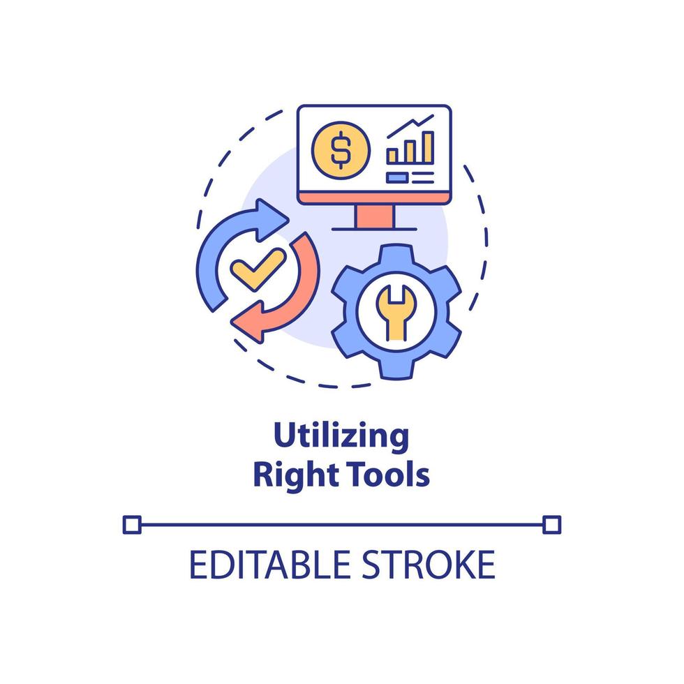 Utilizing right tools concept icon. Computer software for budgeting abstract idea thin line illustration. Isolated outline drawing. Editable stroke. Roboto-Medium, Myriad Pro-Bold fonts used vector