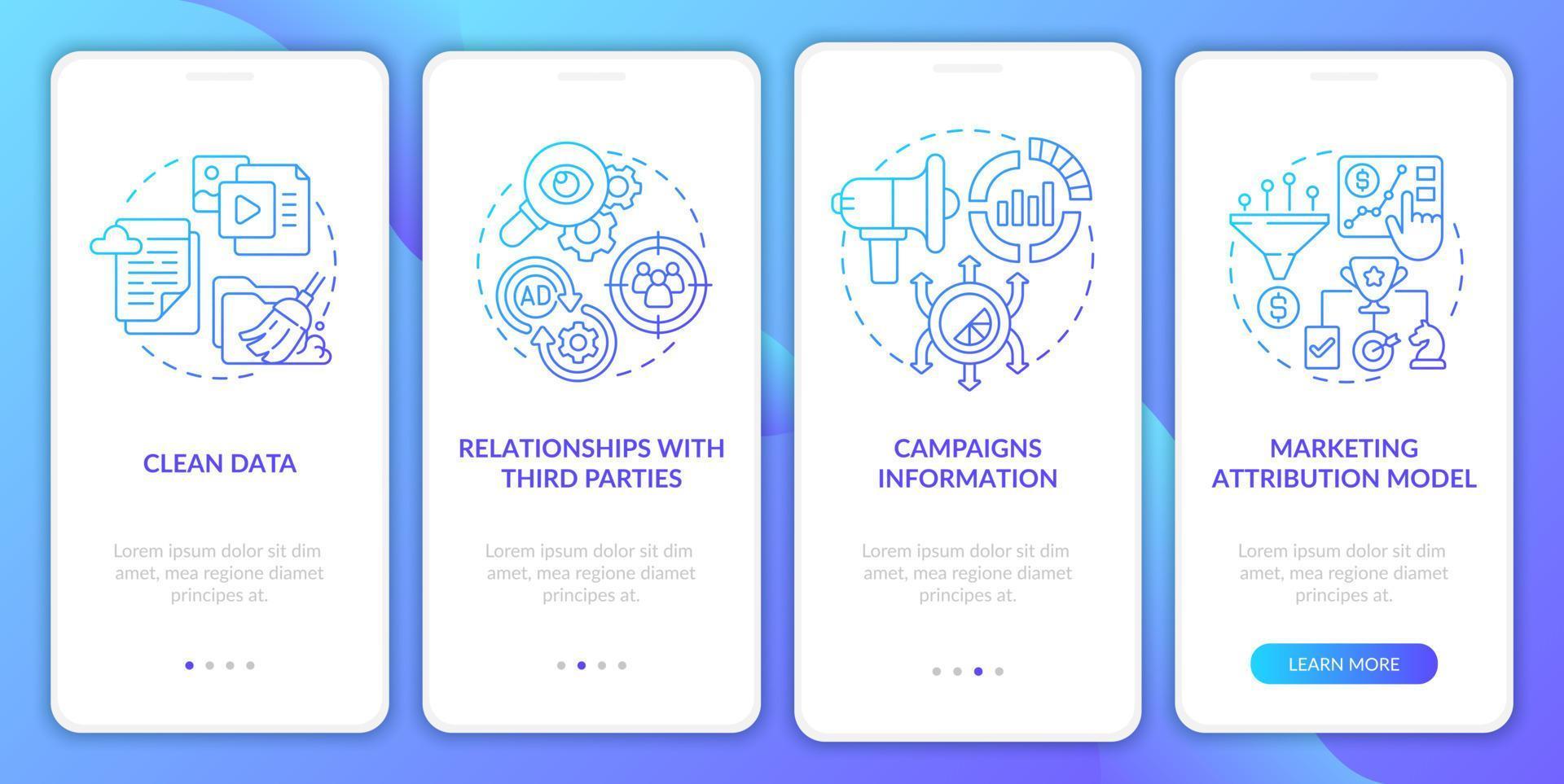 Digital platform blue gradient options onboarding mobile app screen. Ads walkthrough 4 steps graphic instructions pages with linear concepts. UI, UX, GUI template. Myriad Pro-Bold, Regular fonts used vector