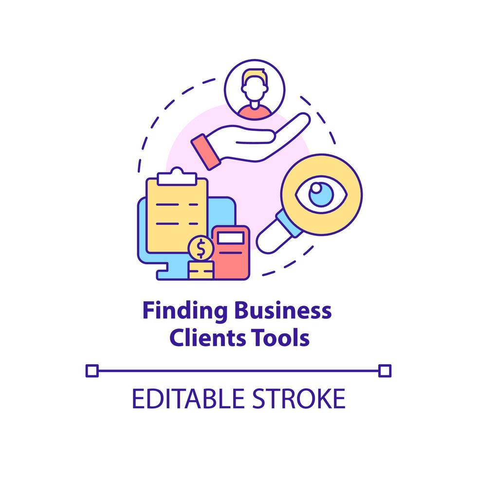 Finding business clients tools concept icon. Gaining and retaining consumers abstract idea thin line illustration. Isolated outline drawing. Editable stroke. Roboto-Medium, Myriad Pro-Bold fonts used vector
