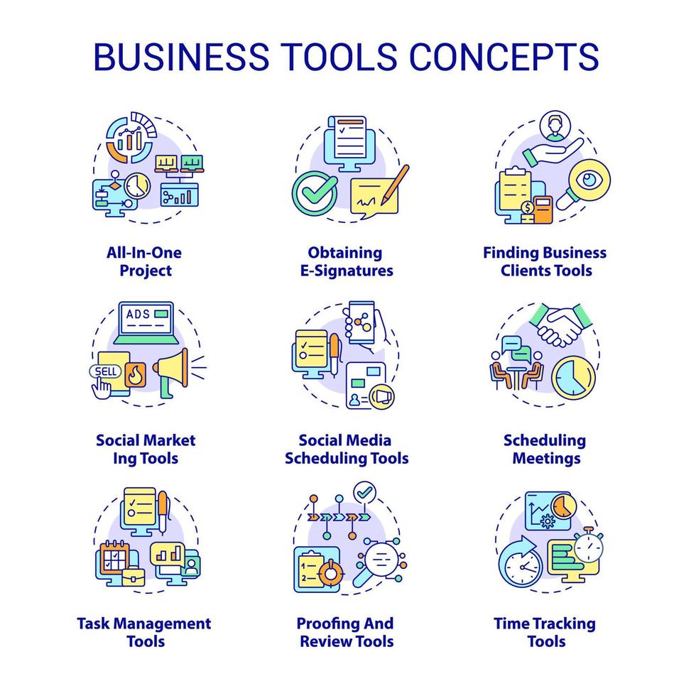 Business tools concept icons set. Software for small business idea thin line color illustrations. Task management. Isolated outline drawings. Editable stroke. Roboto-Medium, Myriad Pro-Bold fonts used vector