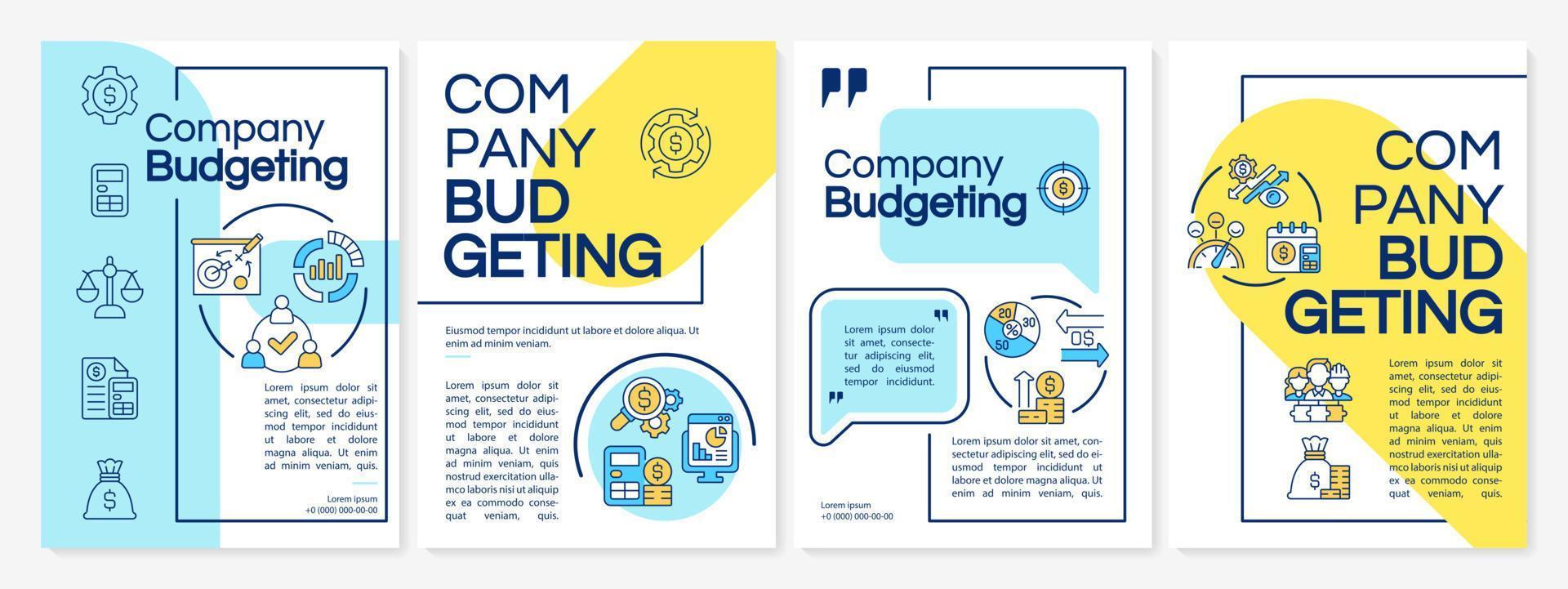 Company budgeting blue and yellow brochure template. Financial project. Booklet print design with linear icons. Vector layouts for presentation, annual reports, ads. Questrial, Lato-Regular fonts used