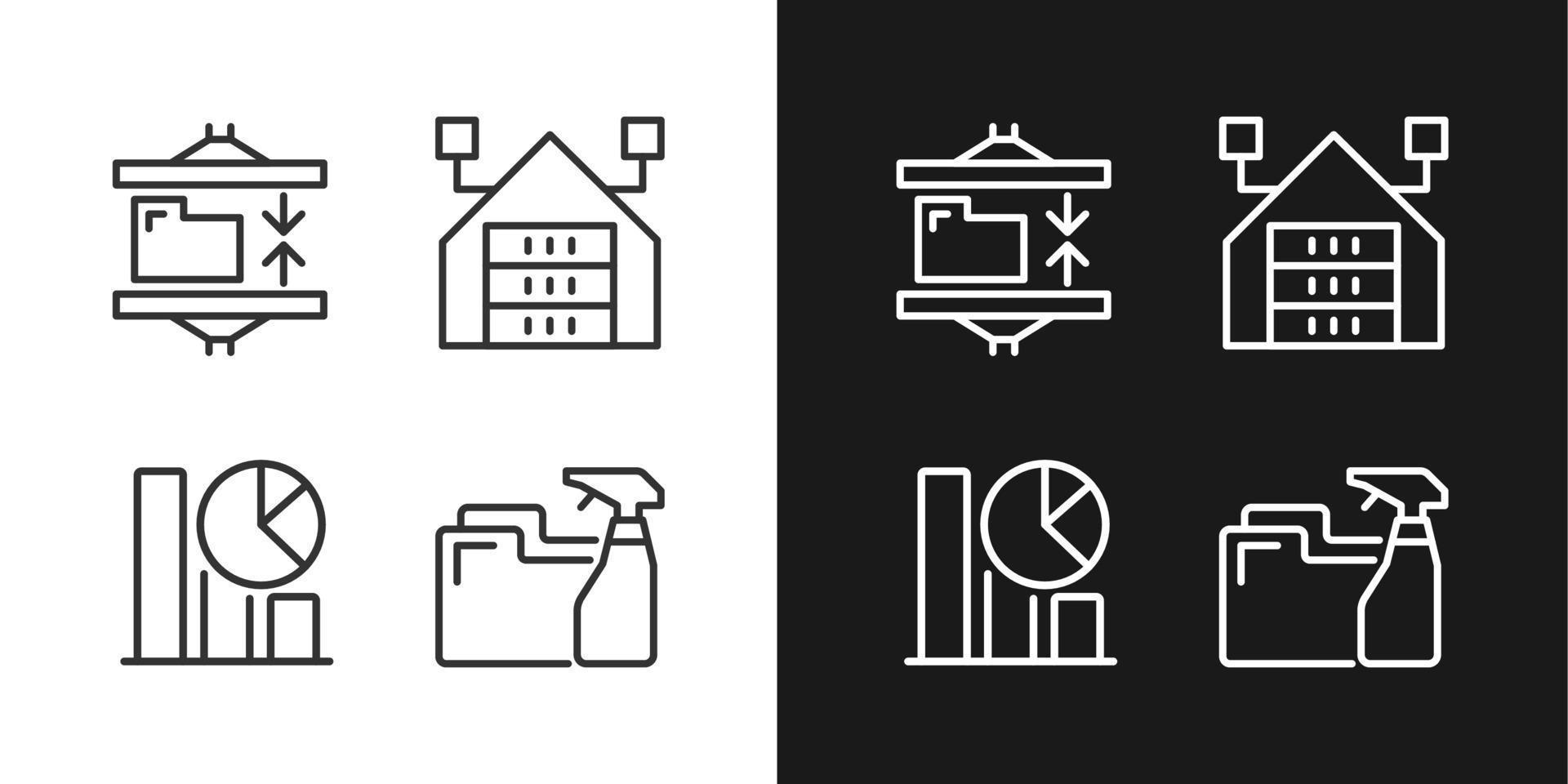 Data mining processes linear pixel perfect icons set for dark and light mode. Extract, analyze and keeping digital information. Customizable thin line symbols. Isolated vector outline illustrations