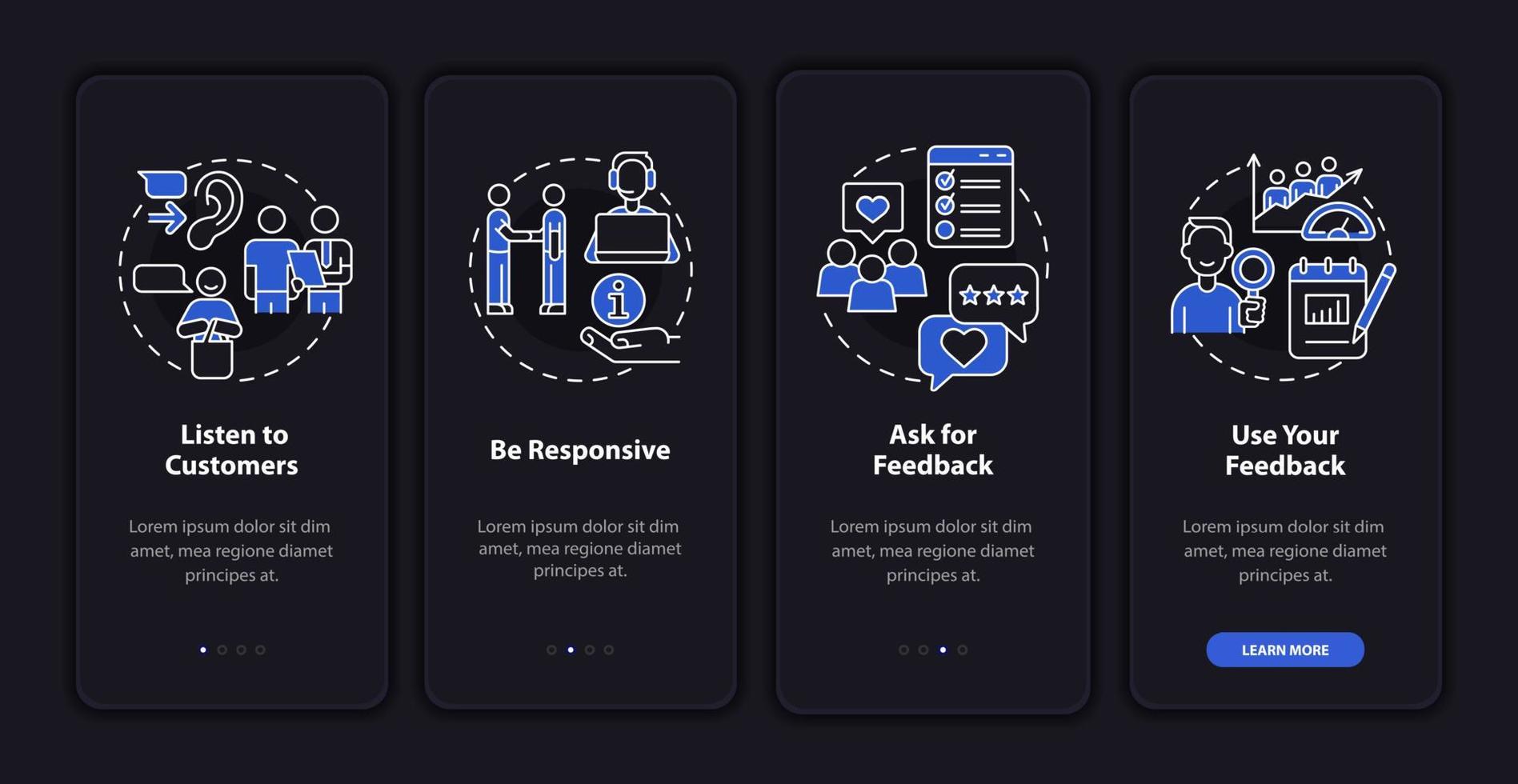 Client service night mode onboarding mobile app screen. Customer support walkthrough 4 steps graphic instructions pages with linear concepts. UI, UX, GUI template. Myriad Pro-Bold, Regular fonts used vector