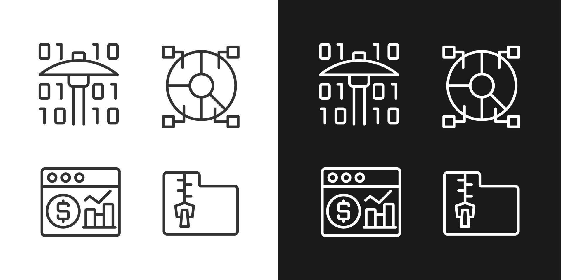 Financial data mining linear pixel perfect icons set for dark and light mode. Processing digital information. Future science. Customizable thin line symbols. Isolated vector outline illustrations
