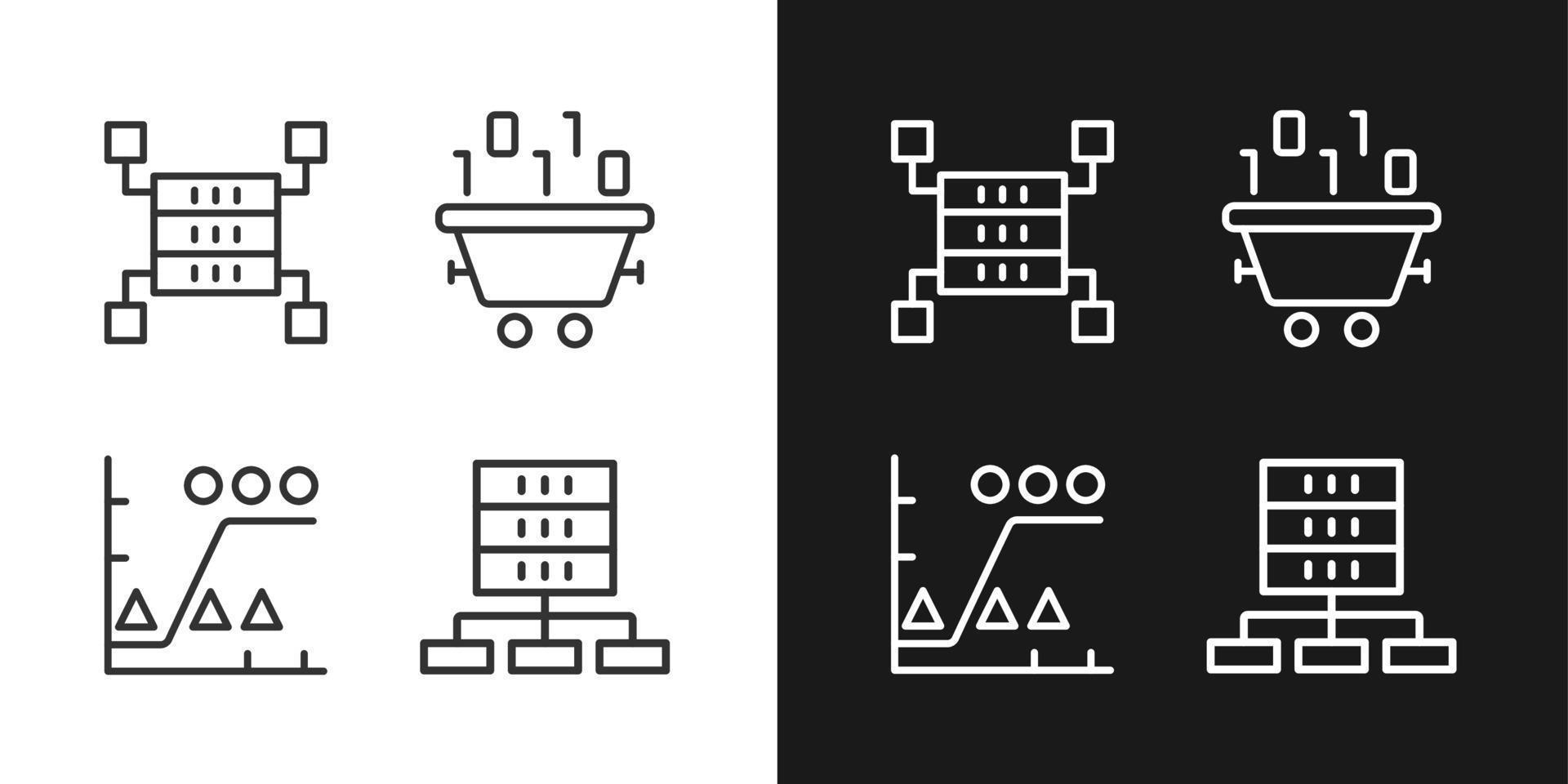 Dataset processing linear pixel perfect icons set for dark and light mode. Data mining and storage. Statistic information. Customizable thin line symbols. Isolated vector outline illustrations