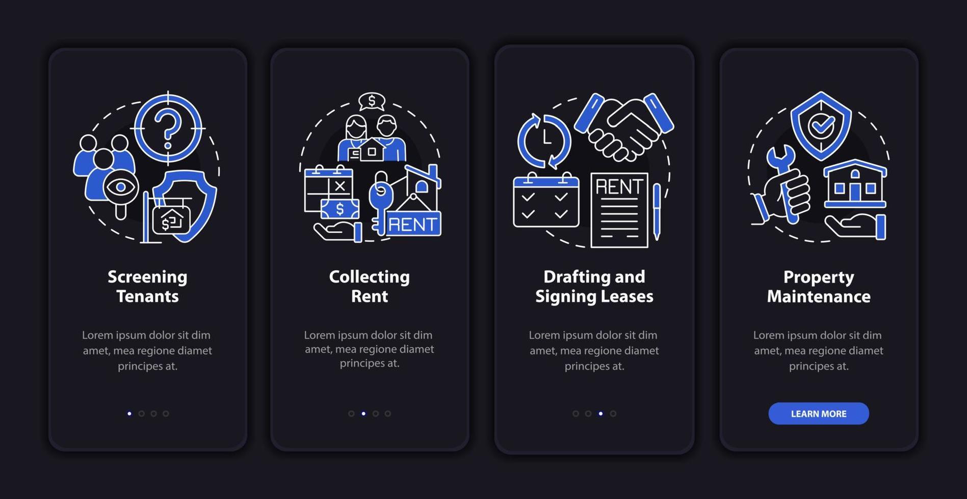 Property manager job night mode onboarding mobile app screen. Works walkthrough 4 steps graphic instructions pages with linear concepts. UI, UX, GUI template. Myriad Pro-Bold, Regular fonts used vector