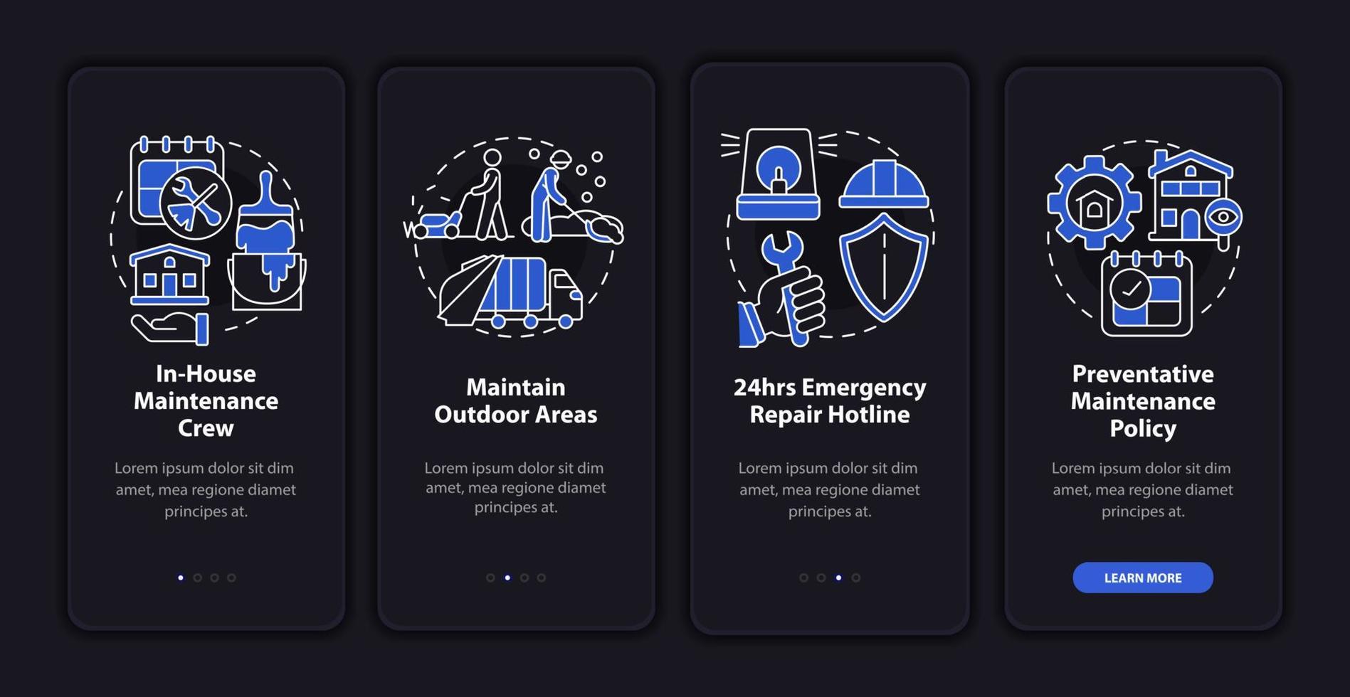 Repairs night mode onboarding mobile app screen. Service walkthrough 4 steps graphic instructions pages with linear concepts. UI, UX, GUI template. Myriad Pro-Bold, Regular fonts used vector