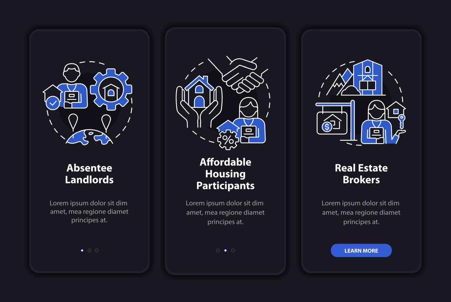 Realtors customers night mode onboarding mobile app screen. Real estate walkthrough 3 steps graphic instructions pages with linear concepts. UI, UX, GUI template. Myriad Pro-Bold, Regular fonts used vector