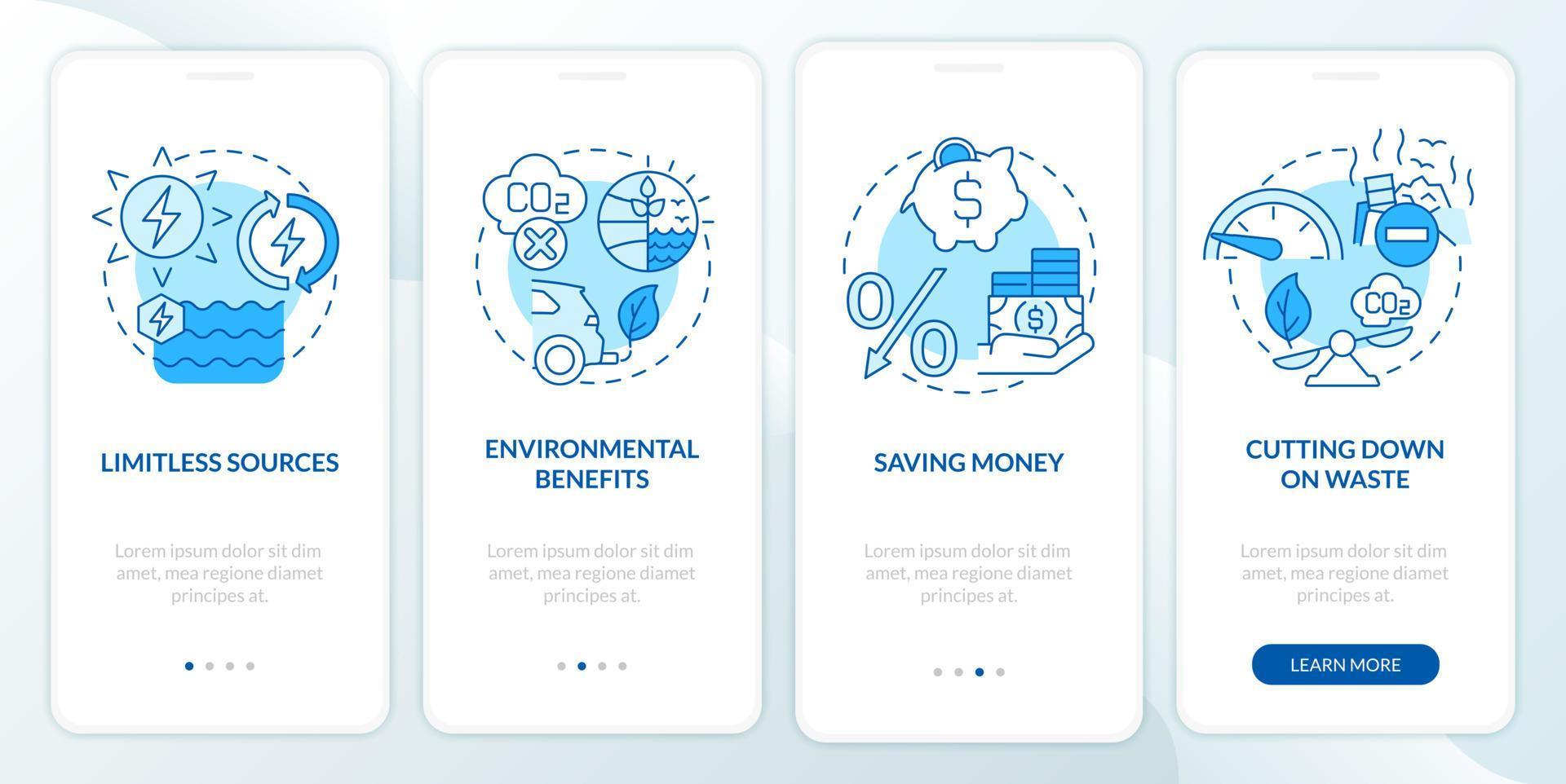 Fuentes de energía ilimitadas ventajas al incorporar la pantalla de la página de la aplicación móvil. tutorial de naturaleza 4 pasos instrucciones gráficas con conceptos lineales. interfaz de usuario, ux, plantilla de interfaz gráfica de usuario. innumerables fuentes pro-negrita y regulares utilizadas vector