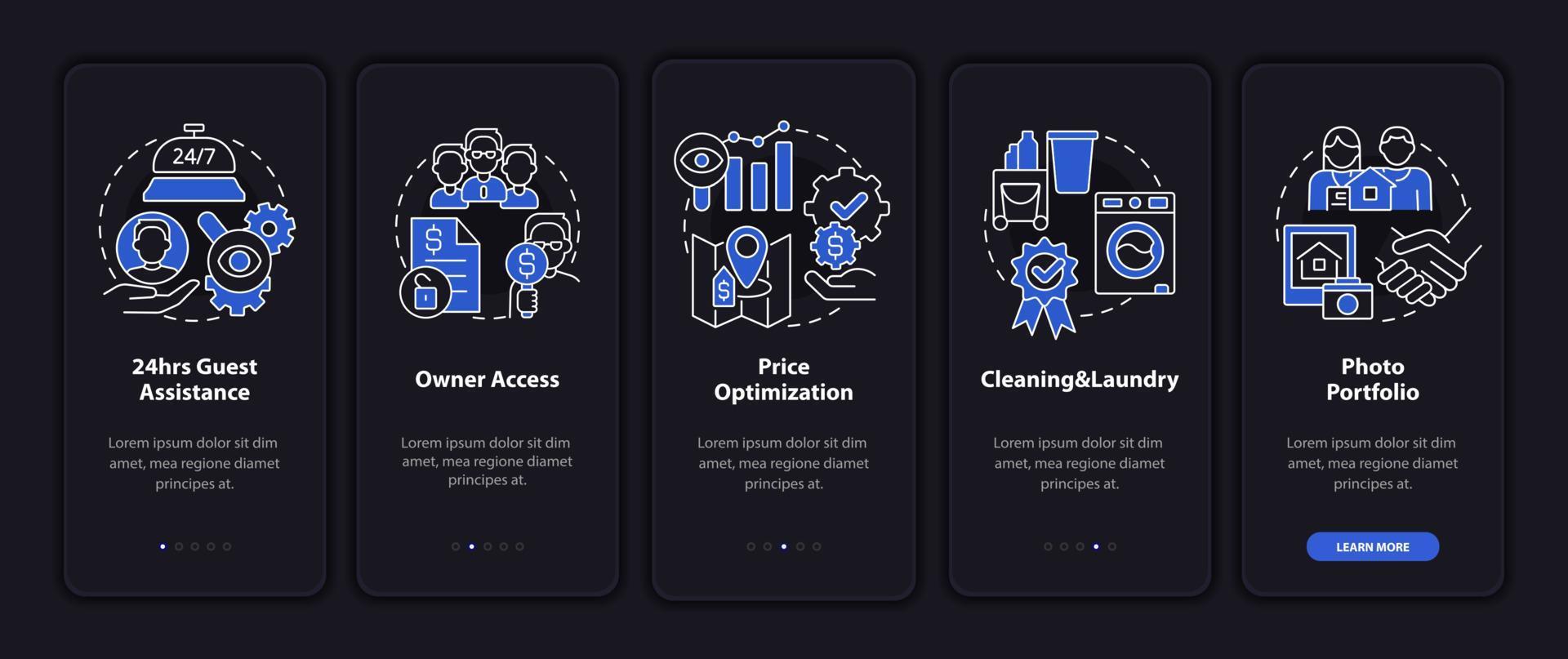 Management in hotels night mode onboarding mobile app screen. Services walkthrough 5 steps graphic instructions pages with linear concepts. UI, UX, GUI template. Myriad Pro-Bold, Regular fonts used vector