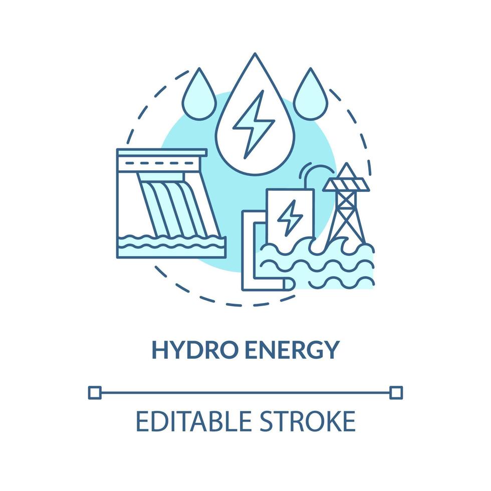 Hydro energy turquoise blue concept icon. Hydroelectric power station abstract idea thin line illustration. Isolated outline drawing. Editable stroke. Roboto-Medium, Myriad Pro-Bold fonts used vector