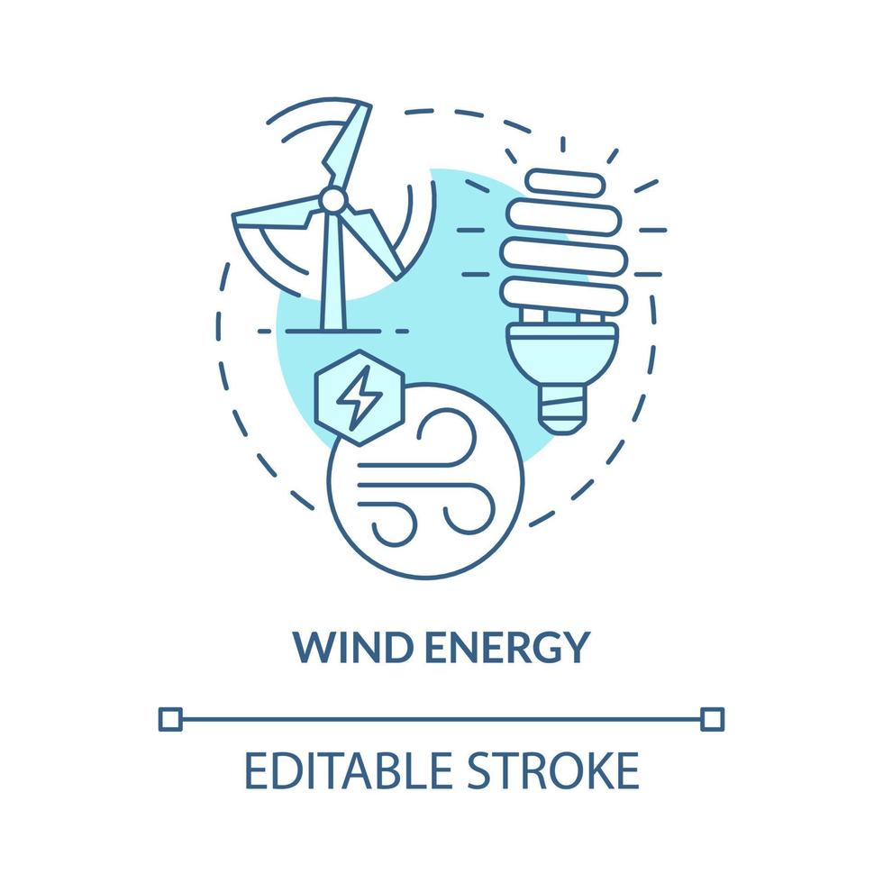 Wind energy turquoise blue concept icon. Green technology. Renewable energy abstract idea thin line illustration. Isolated outline drawing. Editable stroke. Roboto-Medium, Myriad Pro-Bold fonts used vector