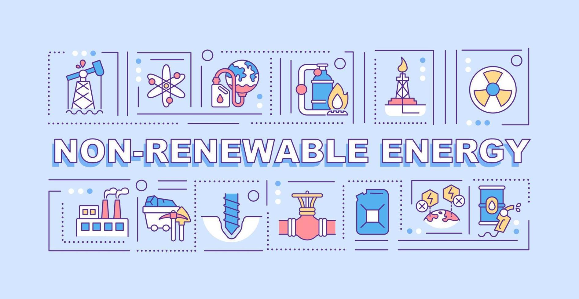 Non-renewable energy word concepts banner. Power sources. Infographics with linear icons on blue background. Isolated typography. Vector outline color illustration with text. Arial-Black font used