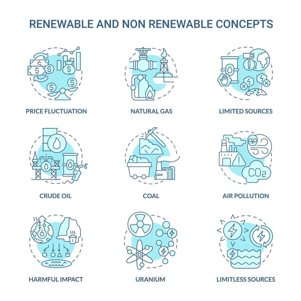 Renewable and non renewable energy turquoise blue icons set. Types of sources idea thin line color illustrations. Isolated outline drawings. Editable stroke. Roboto-Medium, Myriad Pro-Bold fonts used vector
