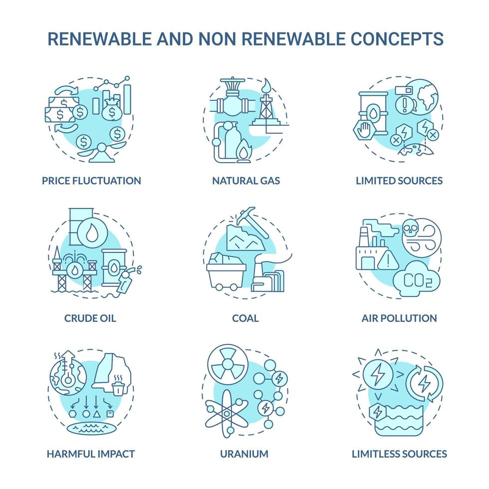 conjunto de iconos azul turquesa de energía renovable y no renovable. tipos de fuentes idea ilustraciones en color de línea delgada. dibujos de contorno aislados. trazo editable. roboto-medium, innumerables fuentes pro-bold utilizadas vector