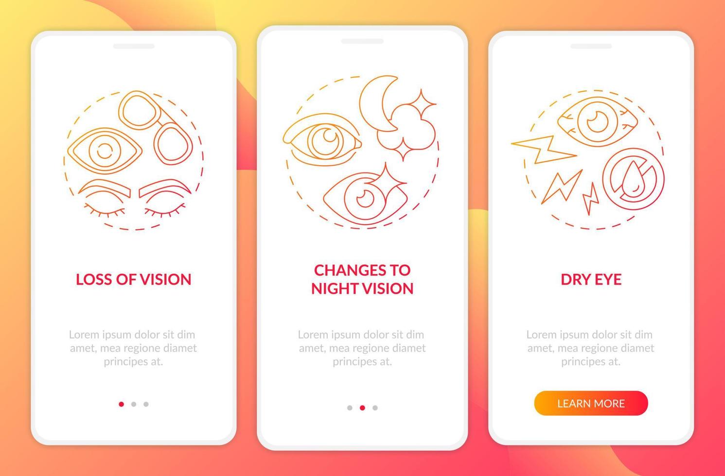 Side effects of surgery onboarding mobile app page screen. Eye surgery results walkthrough 3 steps graphic instructions with concepts. UI, UX, GUI vector template with linear color illustrations