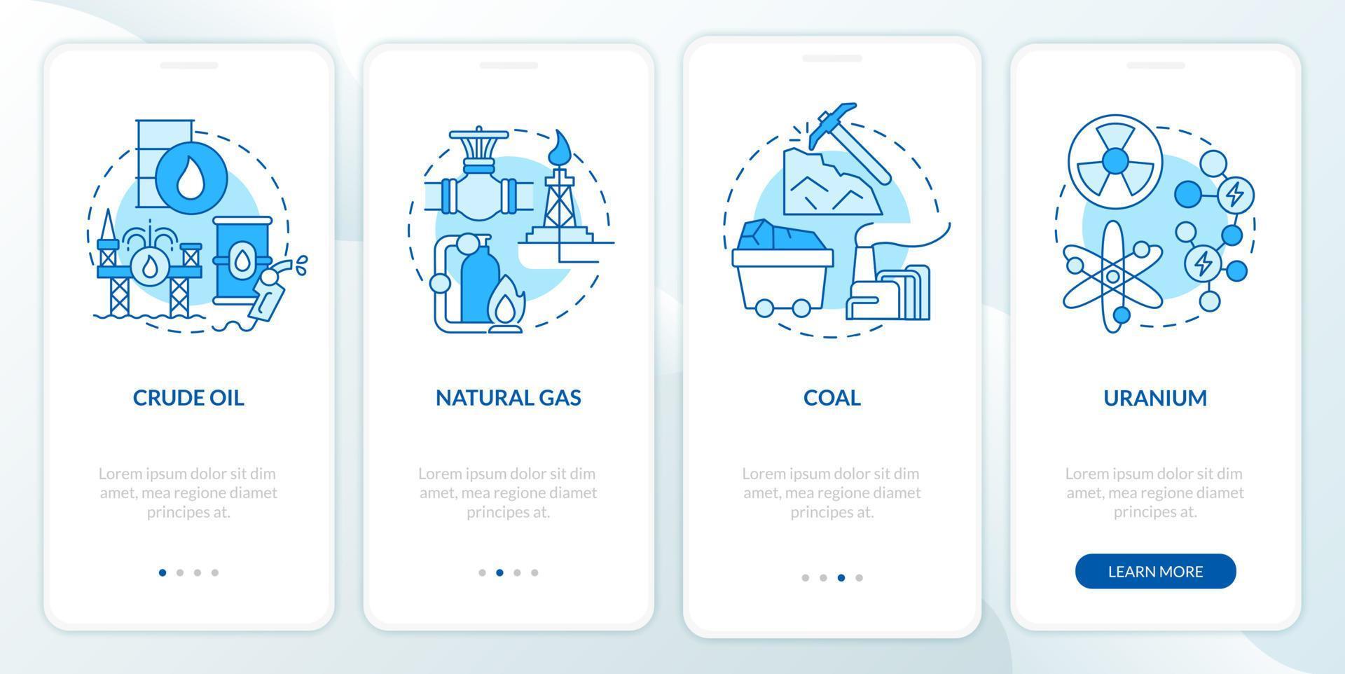 fuentes de energía no renovables que incorporan la pantalla de la página de la aplicación móvil. Tutorial de ecología Instrucciones gráficas de 4 pasos con conceptos lineales. interfaz de usuario, ux, plantilla de interfaz gráfica de usuario. innumerables fuentes pro-negrita y regulares utilizadas vector