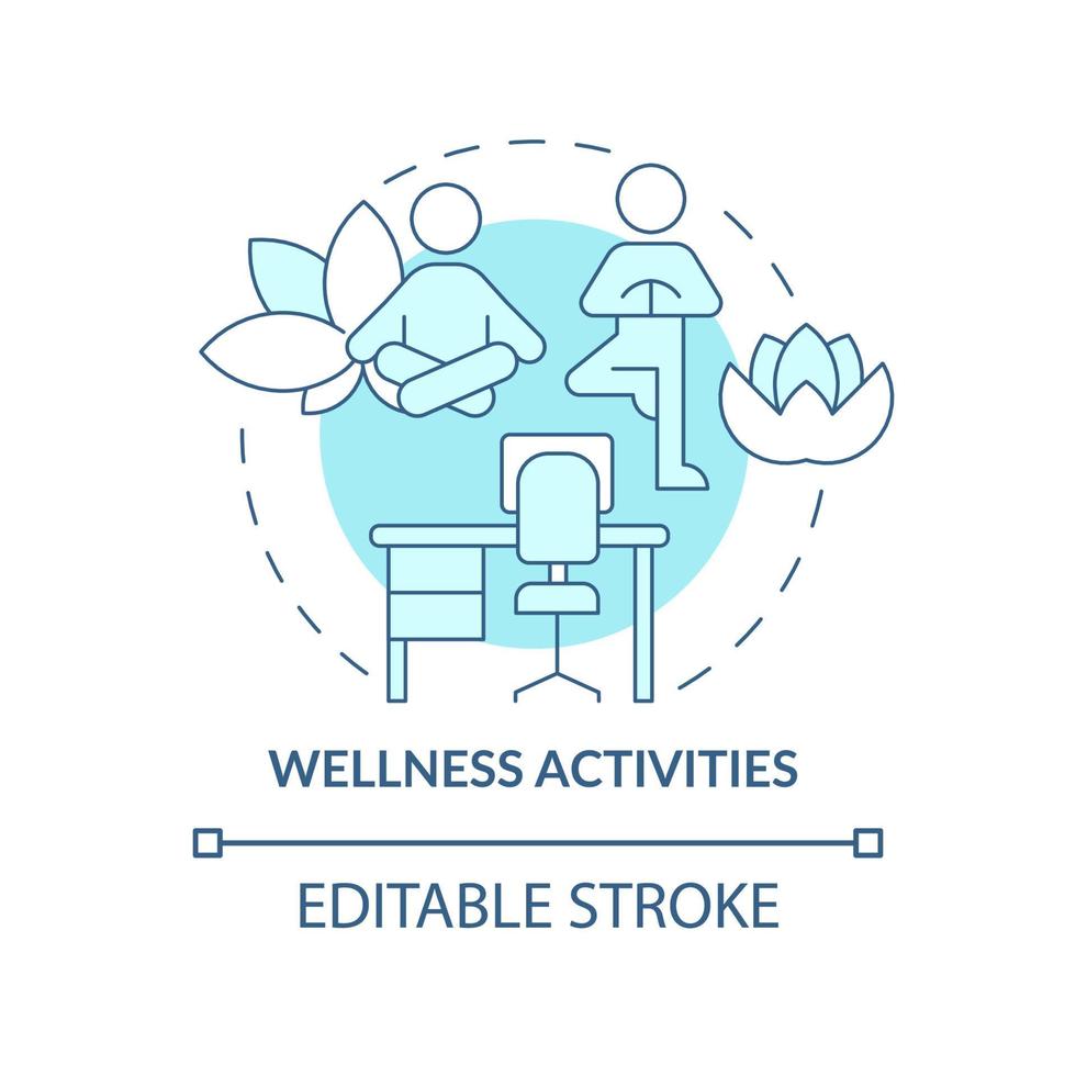 Wellbeing activities concept icon. Meditation and de-stress. Yoga exercises abstract idea thin line illustration. Isolated outline drawing. Editable stroke. Roboto-Medium, Myriad Pro-Bold fonts used vector