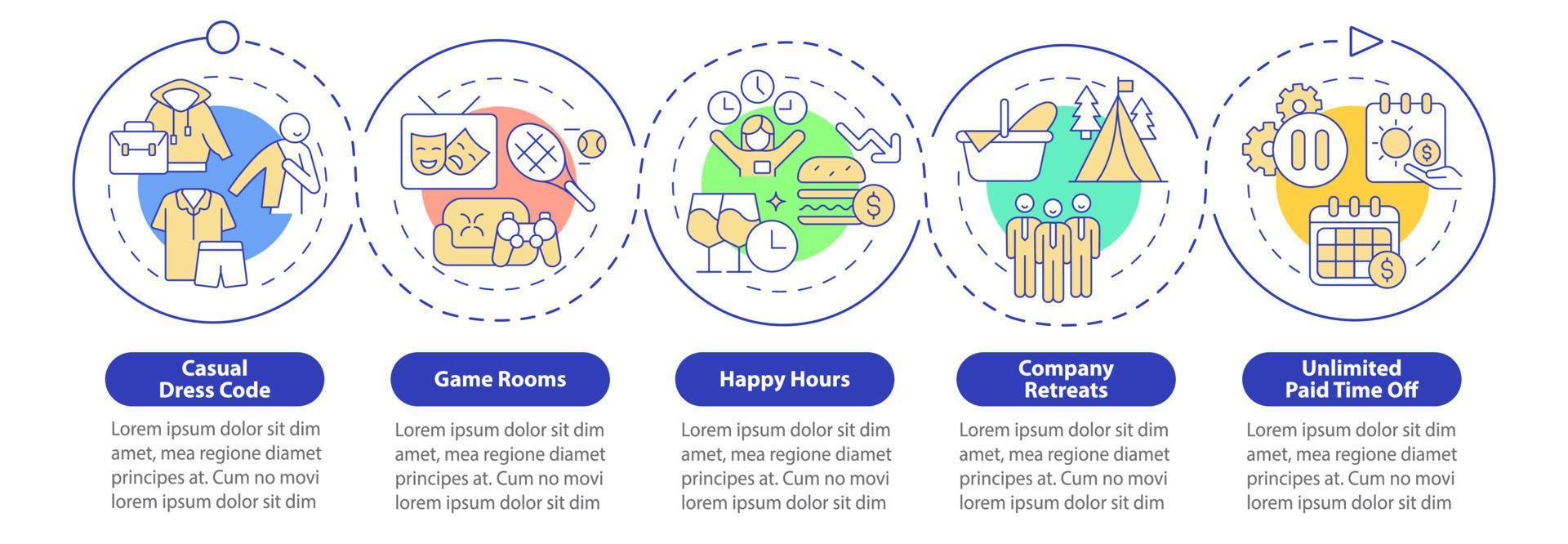 plantilla infográfica de bonificaciones de oficina no salariales. código de vestimenta cómoda. visualización de datos con 5 pasos. gráfico de información de la línea de tiempo del proceso. diseño de flujo de trabajo con iconos de línea. innumerables fuentes pro-negrita y regulares utilizadas vector