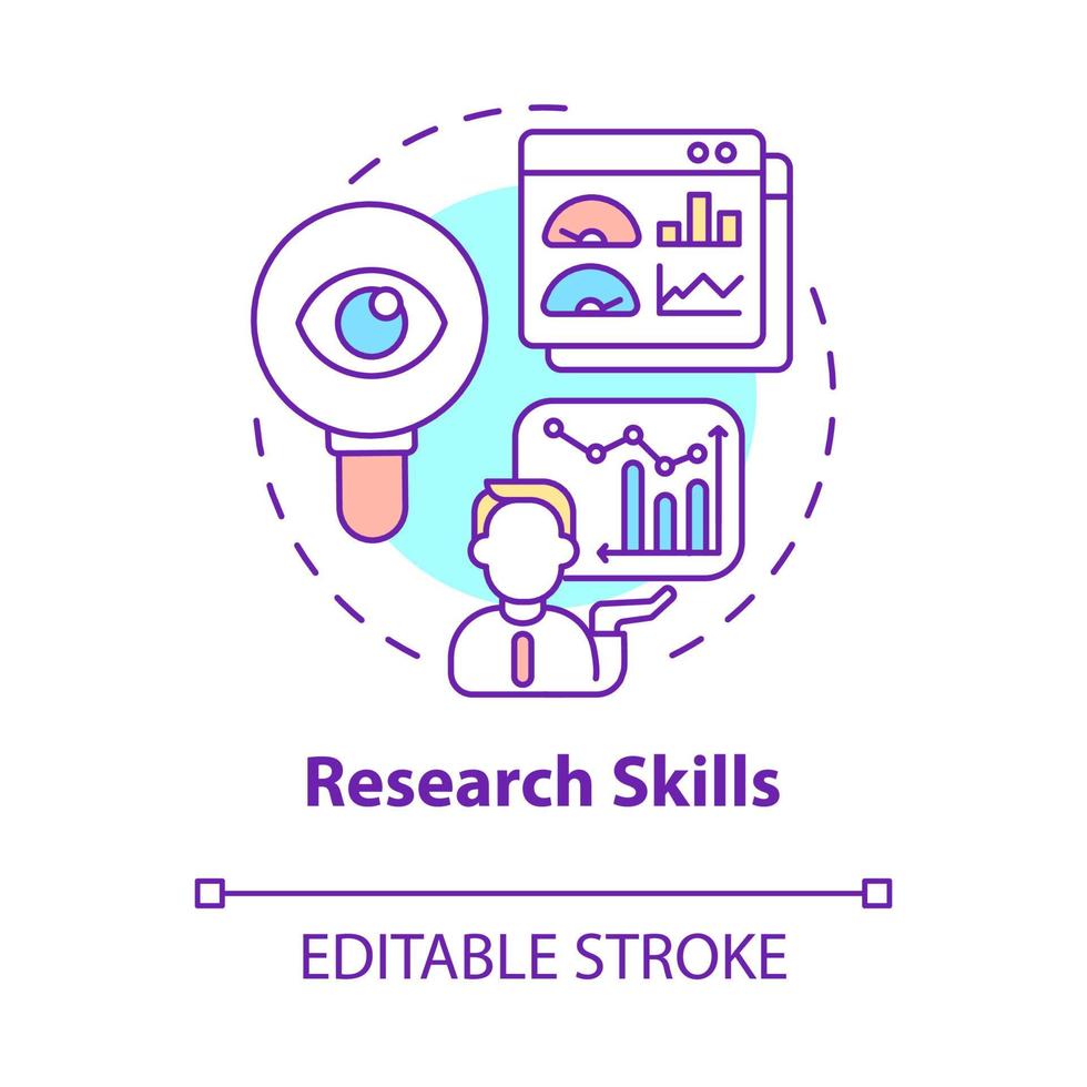 icono del concepto de habilidades de investigación. proceso de análisis de negocios. estrategia de marketing de desarrollo de la empresa idea abstracta ilustración de línea delgada. dibujo de color de contorno aislado vectorial. trazo editable vector